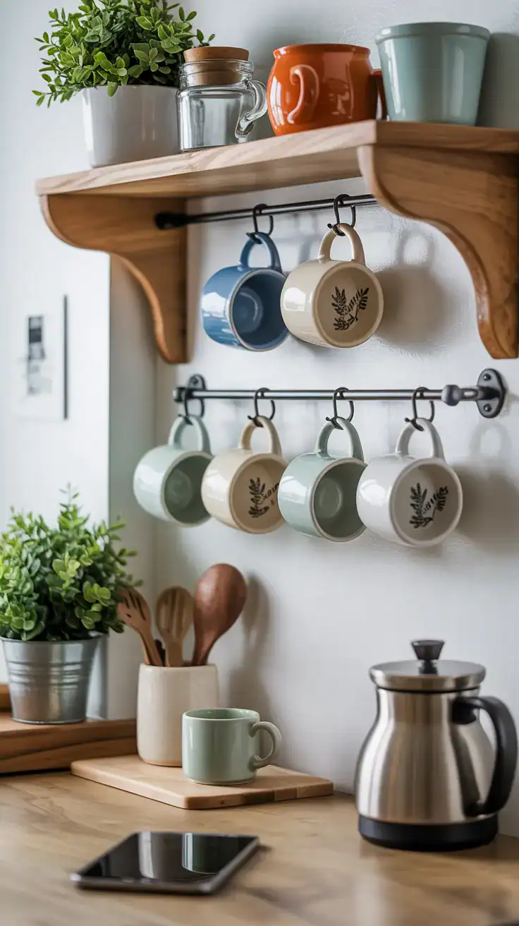 Wall mounted mug rail with ceramic mugs hanging in a small kitchen coffee corner Wall mounted mug rail with ceramic mugs hanging in a small kitchen coffee corner
