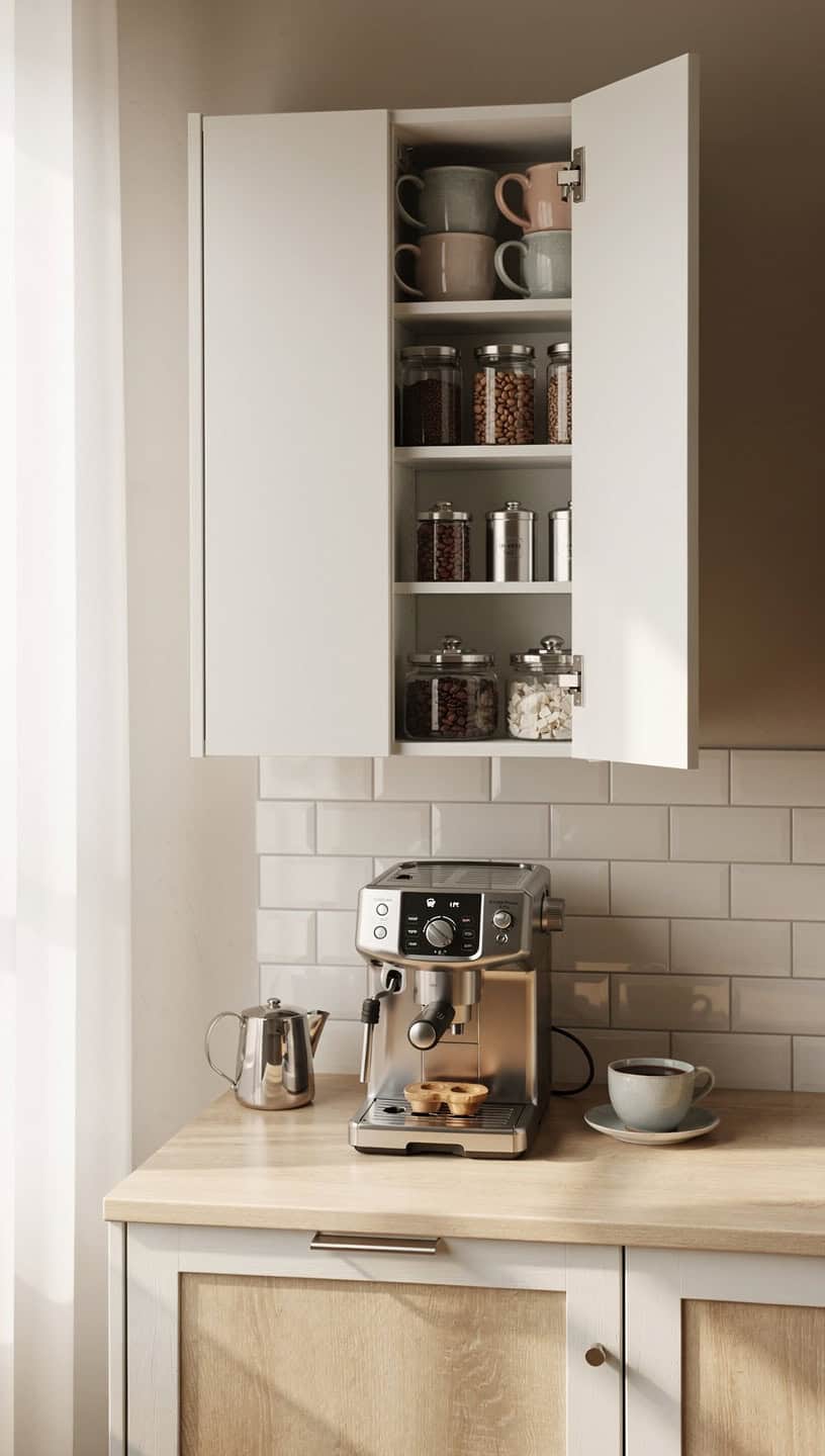 Slim wall cabinet coffee station with hidden storage above a compact coffee machine in a small kitchen