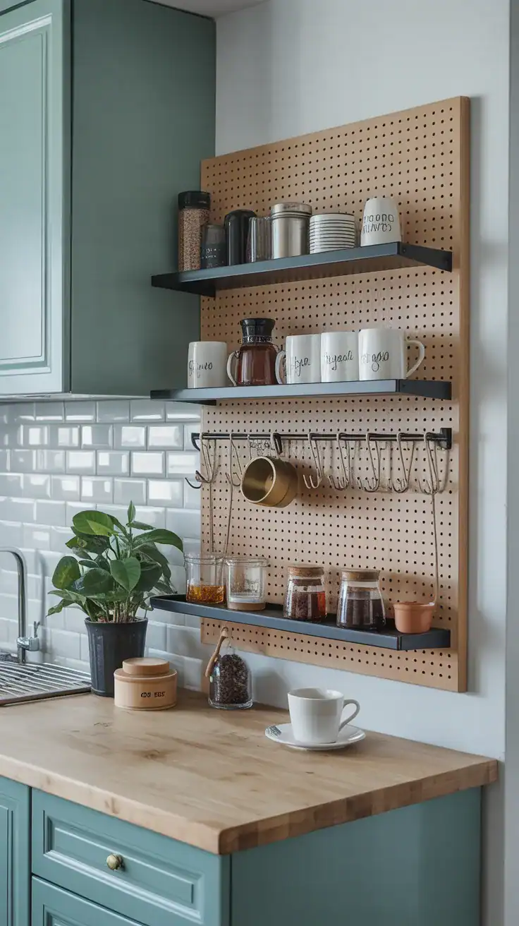 Pegboard wall mounted coffee station with hooks and small shelves in a modern kitchen Pegboard wall mounted coffee station with hooks and small shelves in a modern kitchen