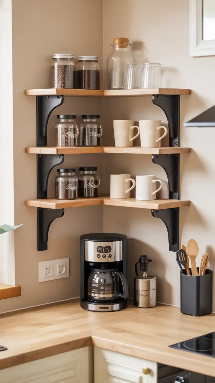 Corner wall mounted coffee shelf with mugs and coffee jars creating a compact coffee station in a small kitchen