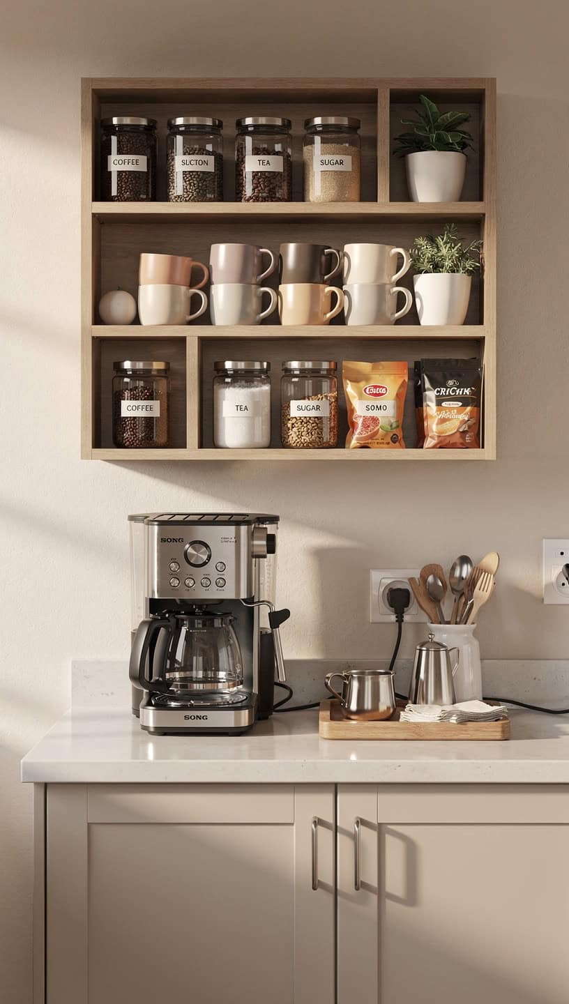 Wall mounted cubby storage coffee station with organized compartments in a small kitchen Wall mounted cubby storage coffee station with organized compartments in a small kitchen
