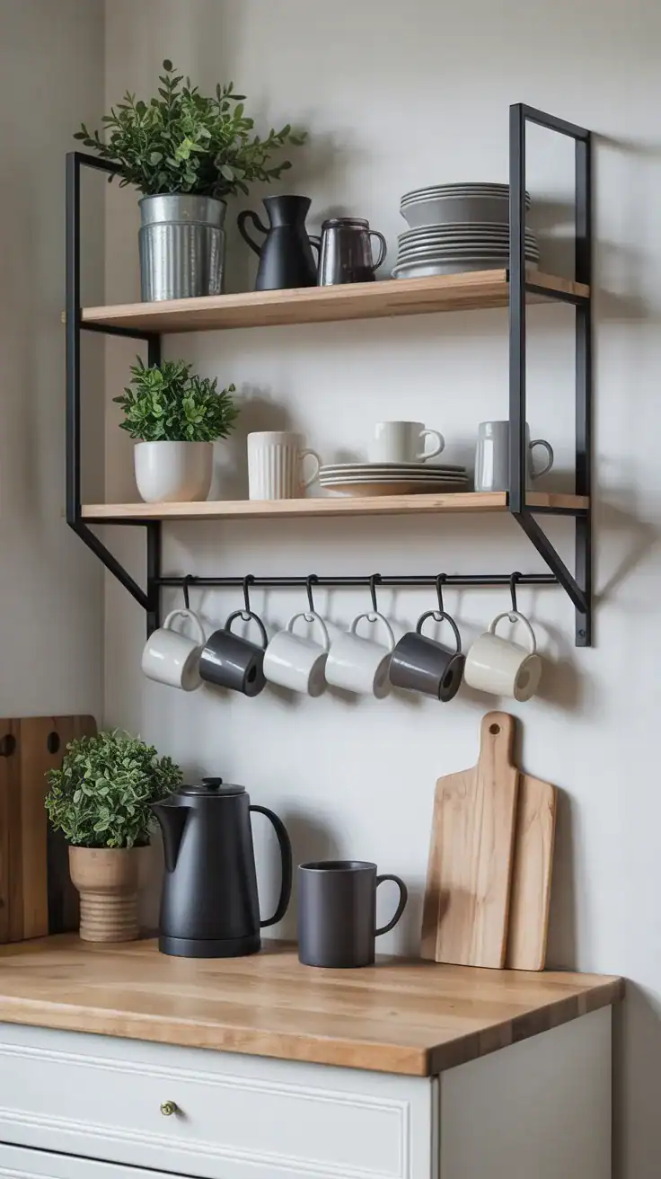 Minimal black metal wall rack with shelves and mug hooks above a modern small kitchen coffee station