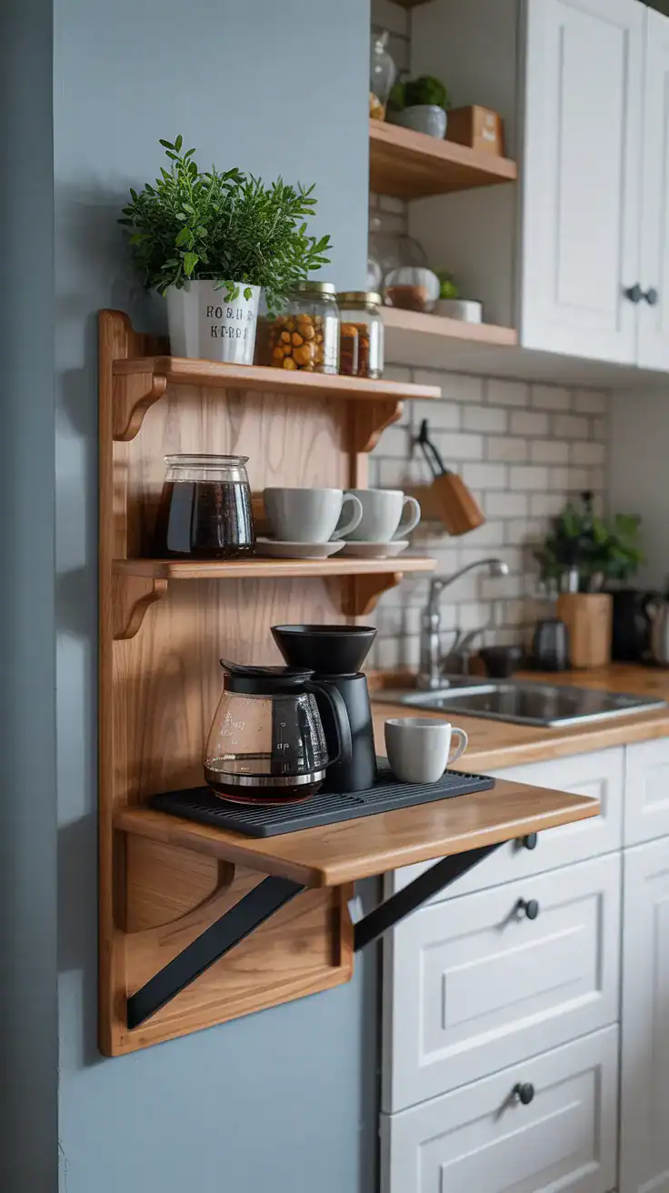 Wall mounted coffee station with fold down shelf providing extra workspace in a tiny kitchen