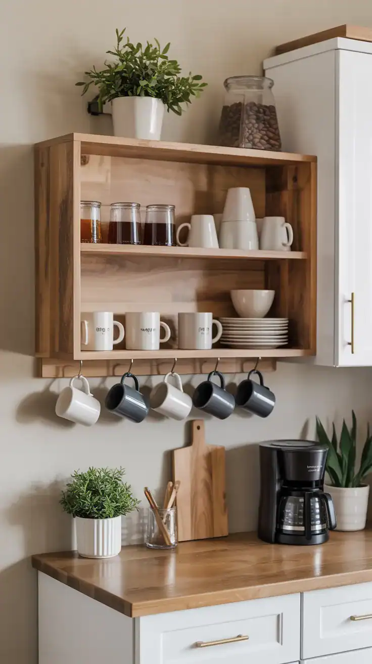 Floating cabinet with mug hooks underneath for wall mounted coffee station storage Floating cabinet with mug hooks underneath for wall mounted coffee station storage