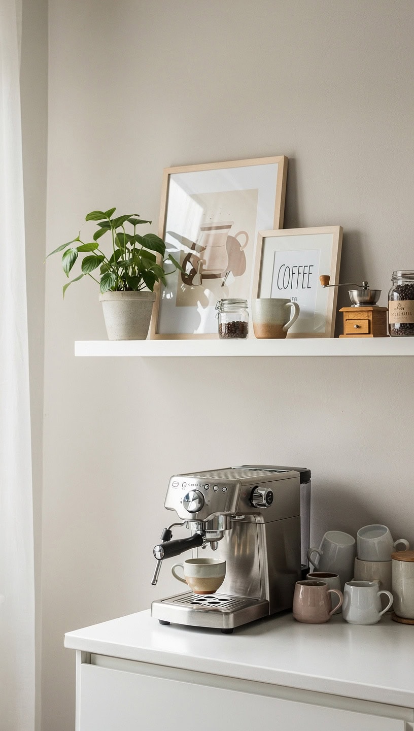 Narrow picture ledge coffee display with framed art, small plant, and coffee accessories above a compact coffee station