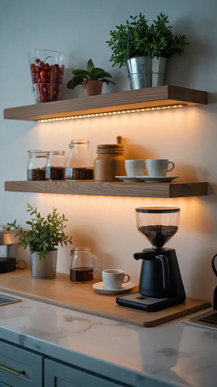Wall mounted coffee station with warm LED lighting under a floating shelf Wall mounted coffee station with warm LED lighting under a floating shelf