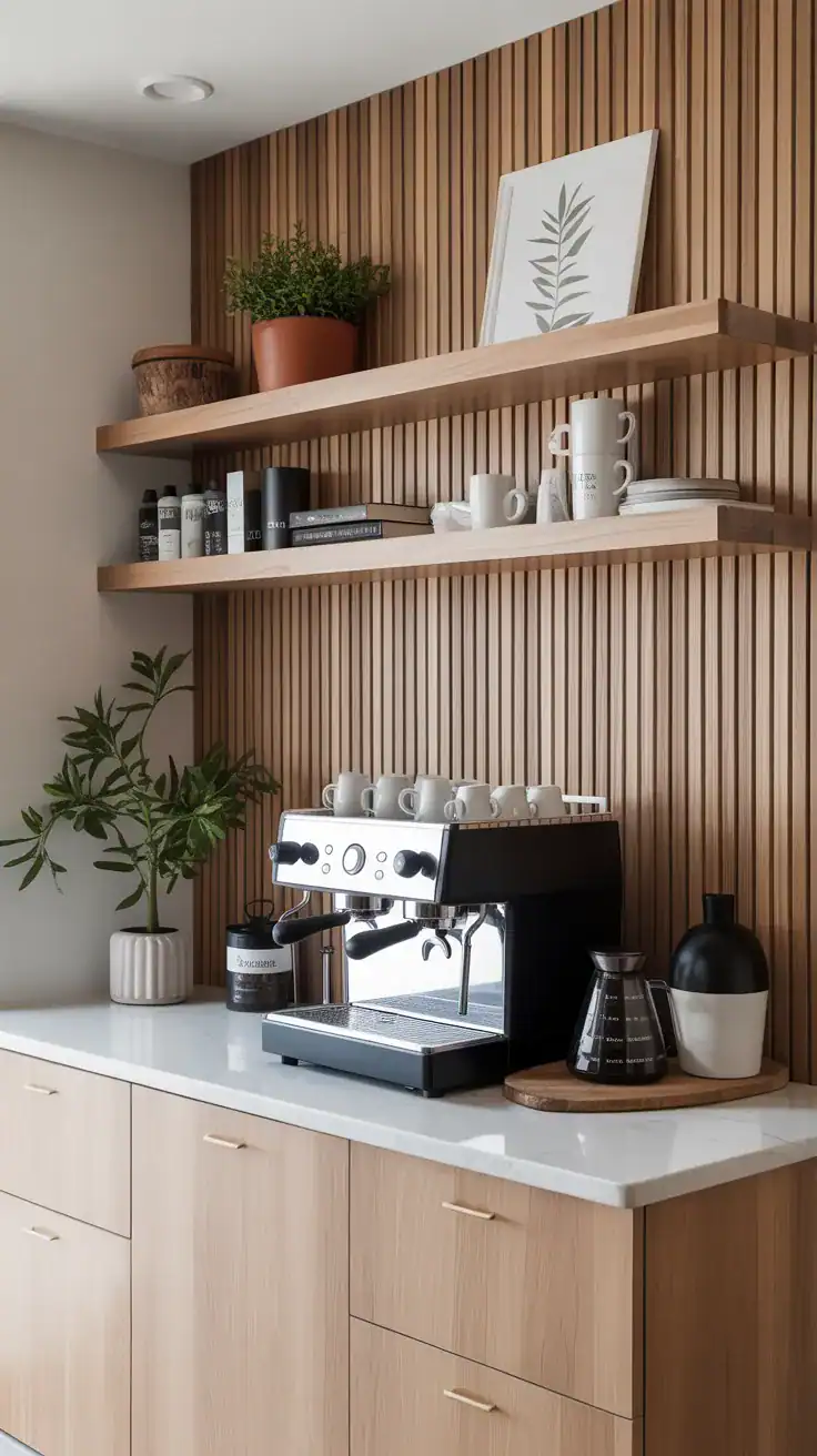 Light oak slat coffee station accent wall with floating shelves, white quartz counter, black espresso machine, and minimalist Scandinavian styling.