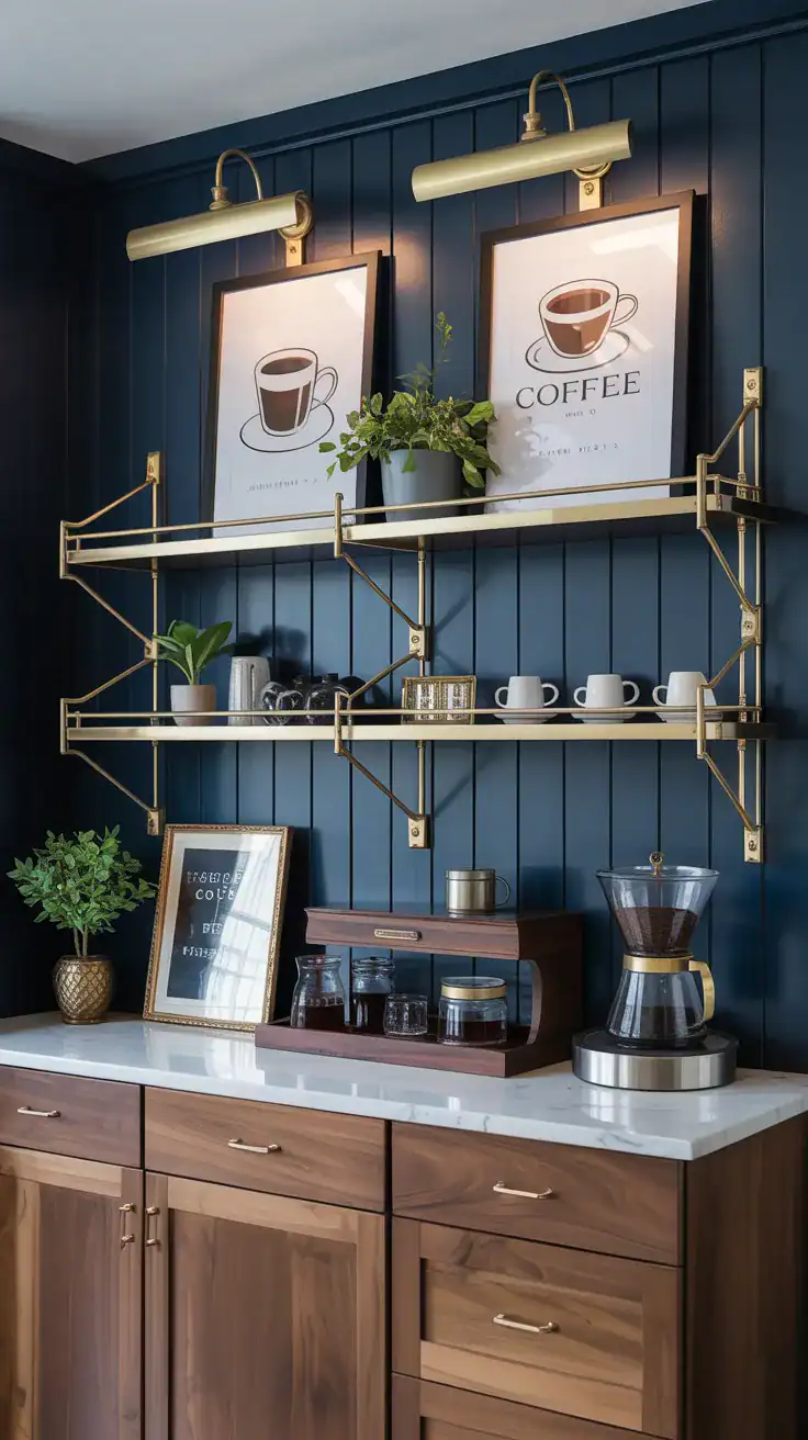 Navy board and batten coffee station wall with brass gallery shelf, walnut cabinet, framed coffee art, and elegant brass accents.