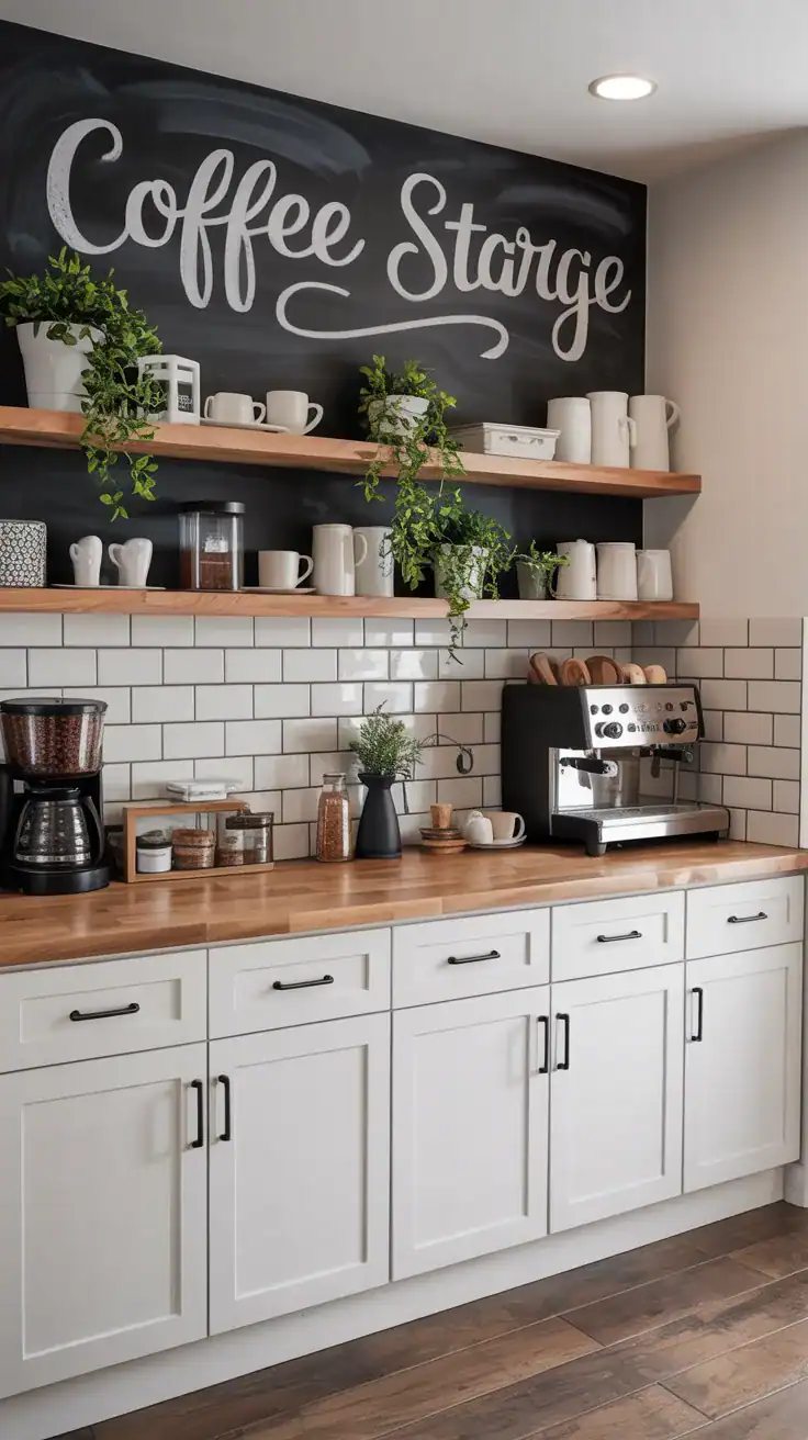 Coffee station featuring charcoal chalkboard accent wall, white subway tile wainscot, butcher block counter, and café inspired storage.