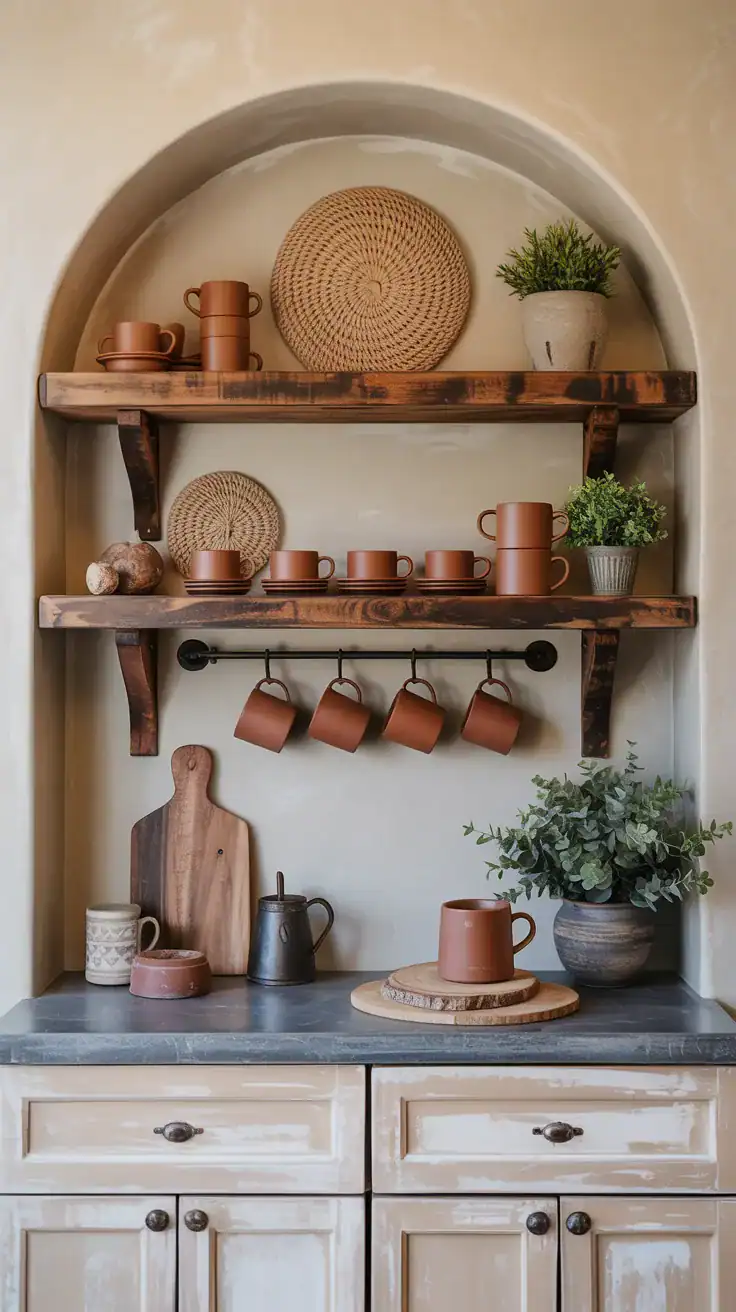 Clay beige limewash coffee station wall with reclaimed wood beam shelf, stone look countertop, terracotta mugs, and Mediterranean style decor.