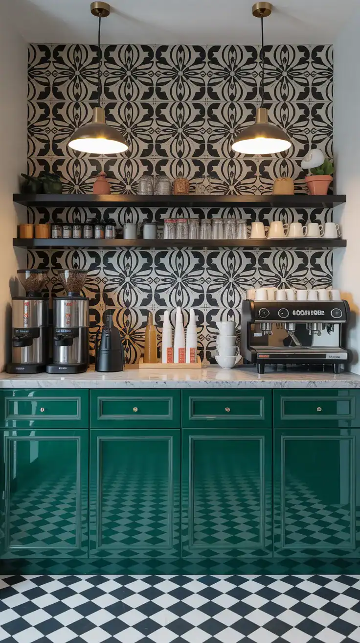 Bold black and white patterned coffee station wall with glossy green cabinets, marble look countertop, and boutique café styling.