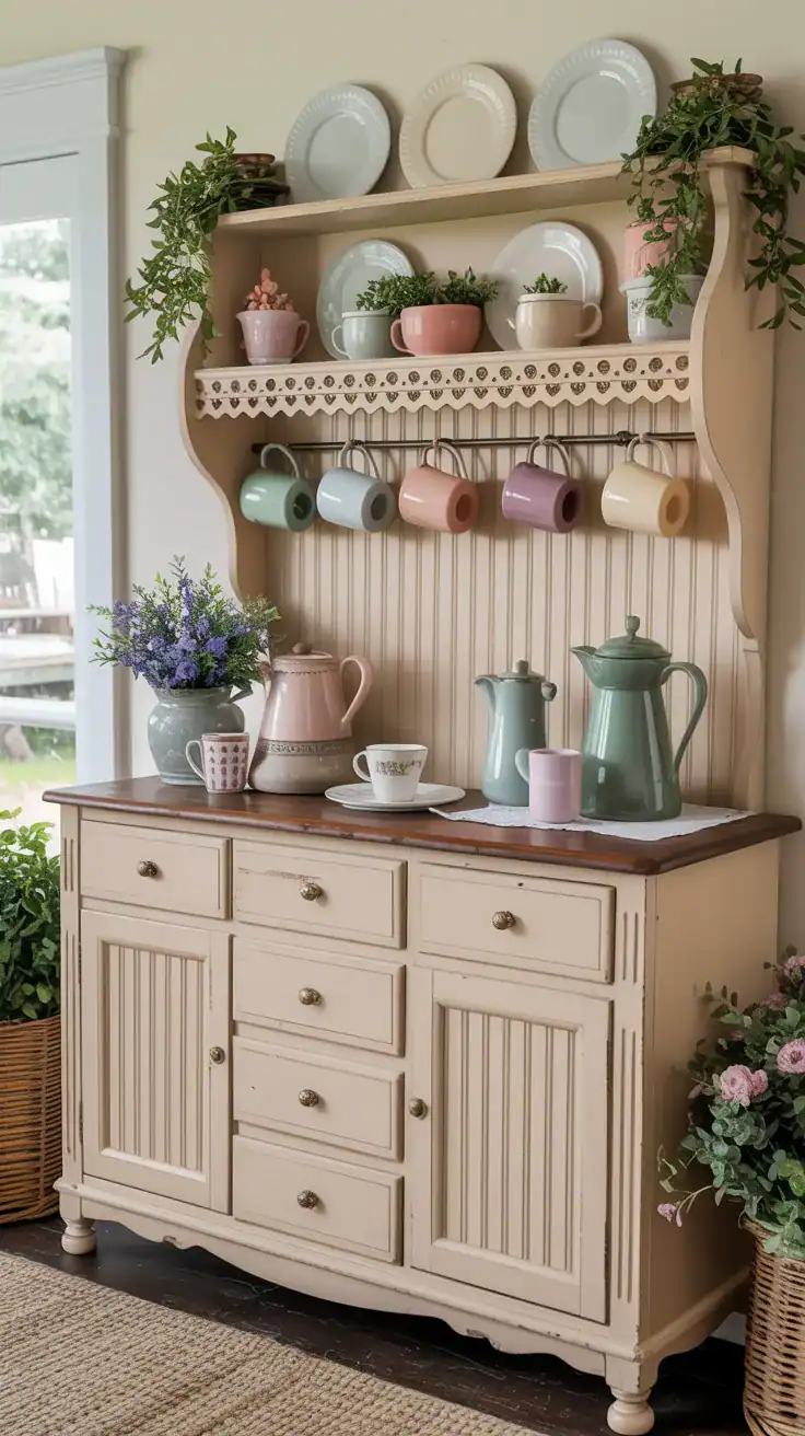 Buttercream beadboard coffee station with decorative plate rail, vintage pine sideboard, pastel mugs, and charming cottage details.