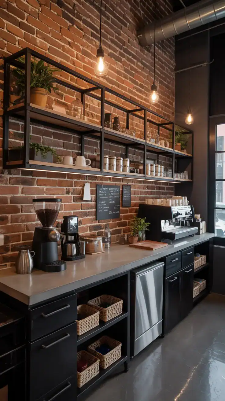Industrial coffee station with exposed brick accent wall, black metal grid shelving, concrete countertop, and warehouse inspired lighting.