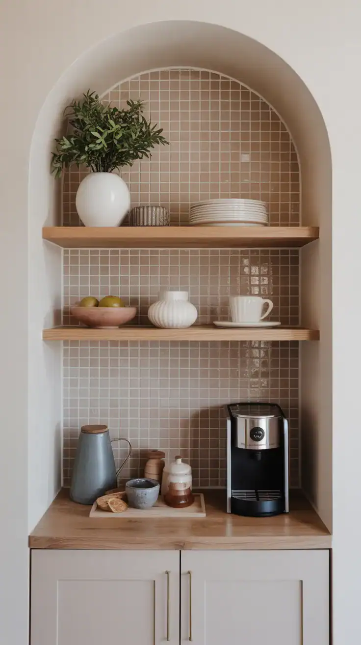 Japandi coffee station niche with warm taupe mosaic tile backdrop, white oak shelves, minimalist styling, and soft neutral tones.