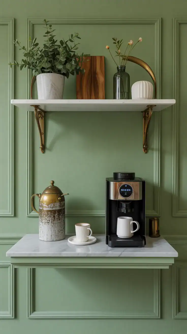 French inspired coffee station with sage green panel molding, floating marble shelf, brass accents, and elegant Parisian styling.
