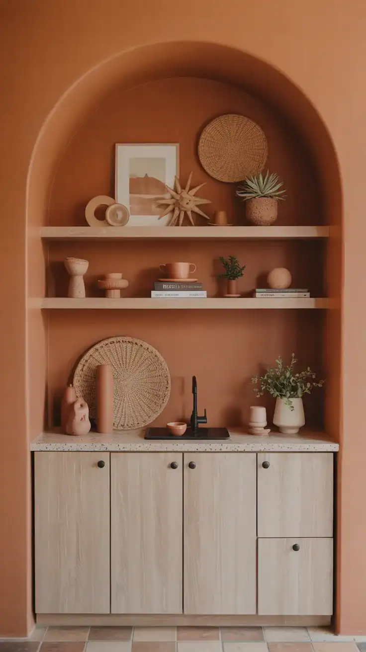 Terracotta coffee station accent wall with arched niche, white oak cabinetry, desert inspired decor, and warm earthy textures.