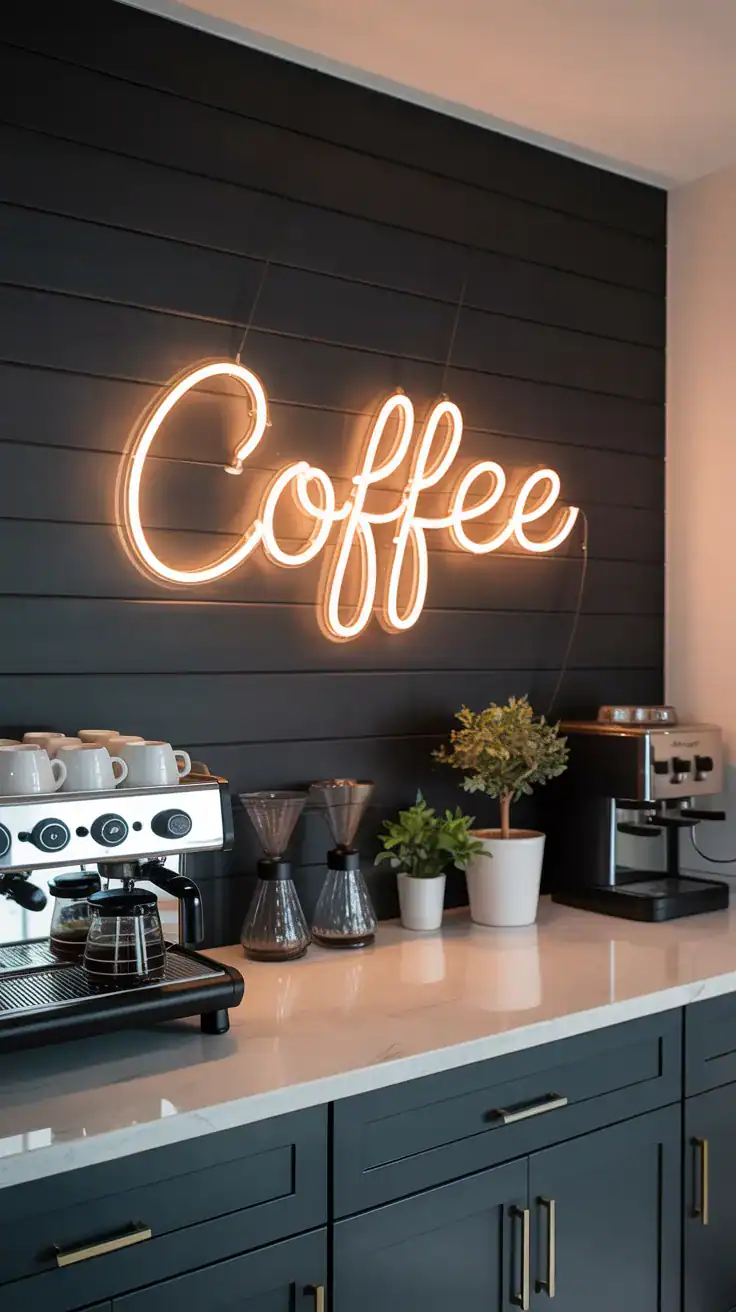 Modern coffee station with charcoal shiplap wall, warm white neon coffee sign, quartz countertop, and contemporary monochrome design.