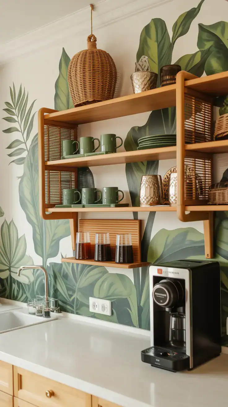 Botanical mural coffee station wall with rattan shelves, woven textures, green glazed mugs, and nature inspired styling.