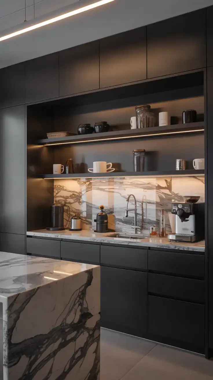 Luxury coffee station with full height stone slab backsplash, concealed appliance garage, handleless cabinetry, and sleek monochrome finishes.