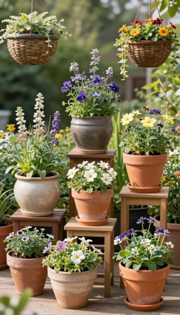 Layered patio garden containers in various heights including tall planters, hanging baskets, and low terracotta pots creating visual depth