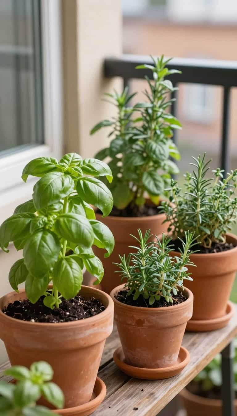Lush herb garden on small balcony with terracotta pots containing basil, rosemary, and thyme