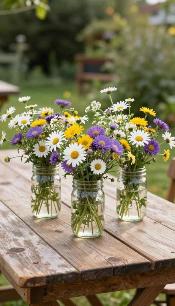 Mason jar centerpiece filled with colorful wildflowers on wedding table