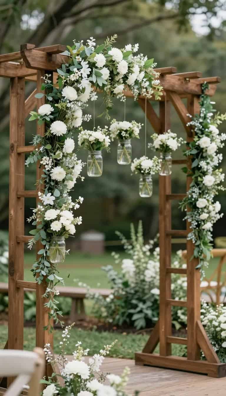 Mason jar wedding arch decor with white flowers and greenery at outdoor ceremony