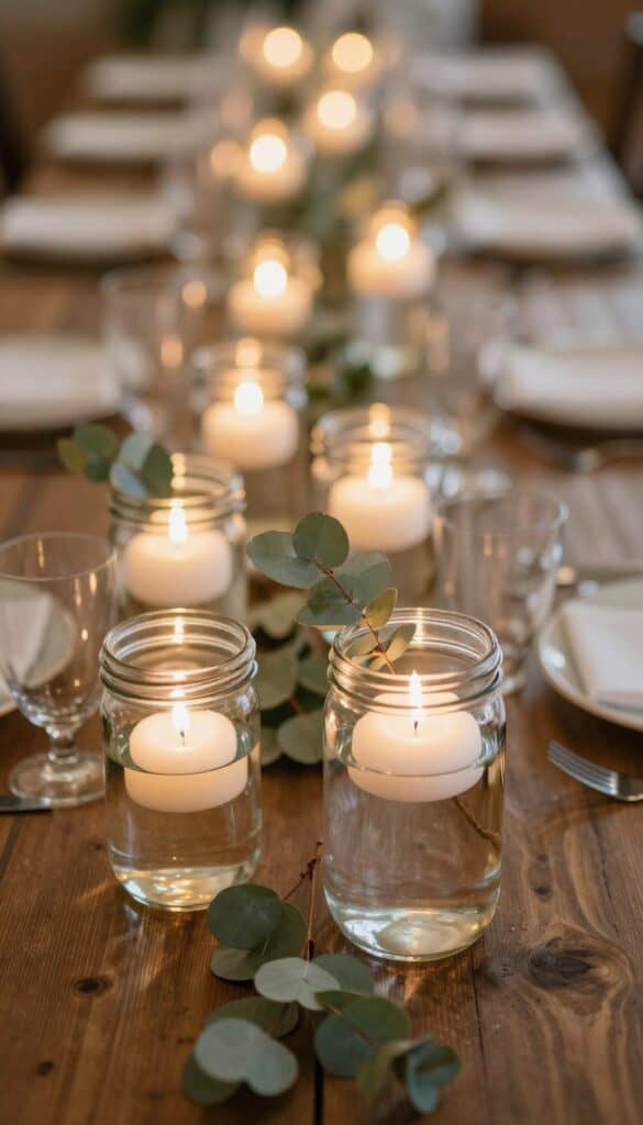 Mason jars with floating candles and eucalyptus for wedding centerpiece