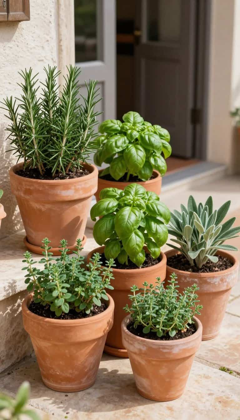 Matching terracotta pots filled with rosemary, basil, thyme, and sage arranged on a sunny patio near a doorway creating a classic potager garden display