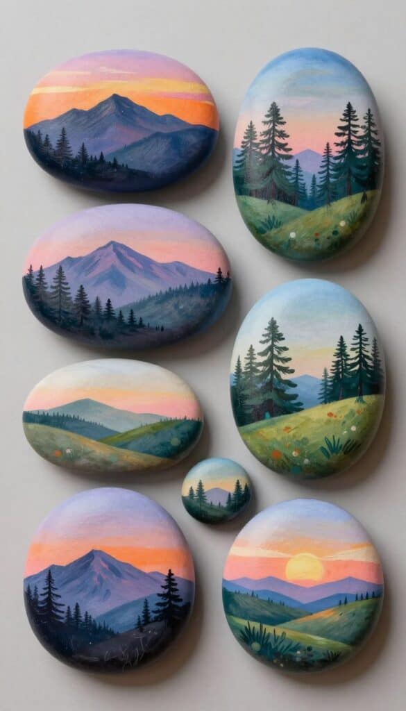 Miniature landscape scenes painted on smooth oval rocks featuring mountains, sunsets, forests, and rolling hills