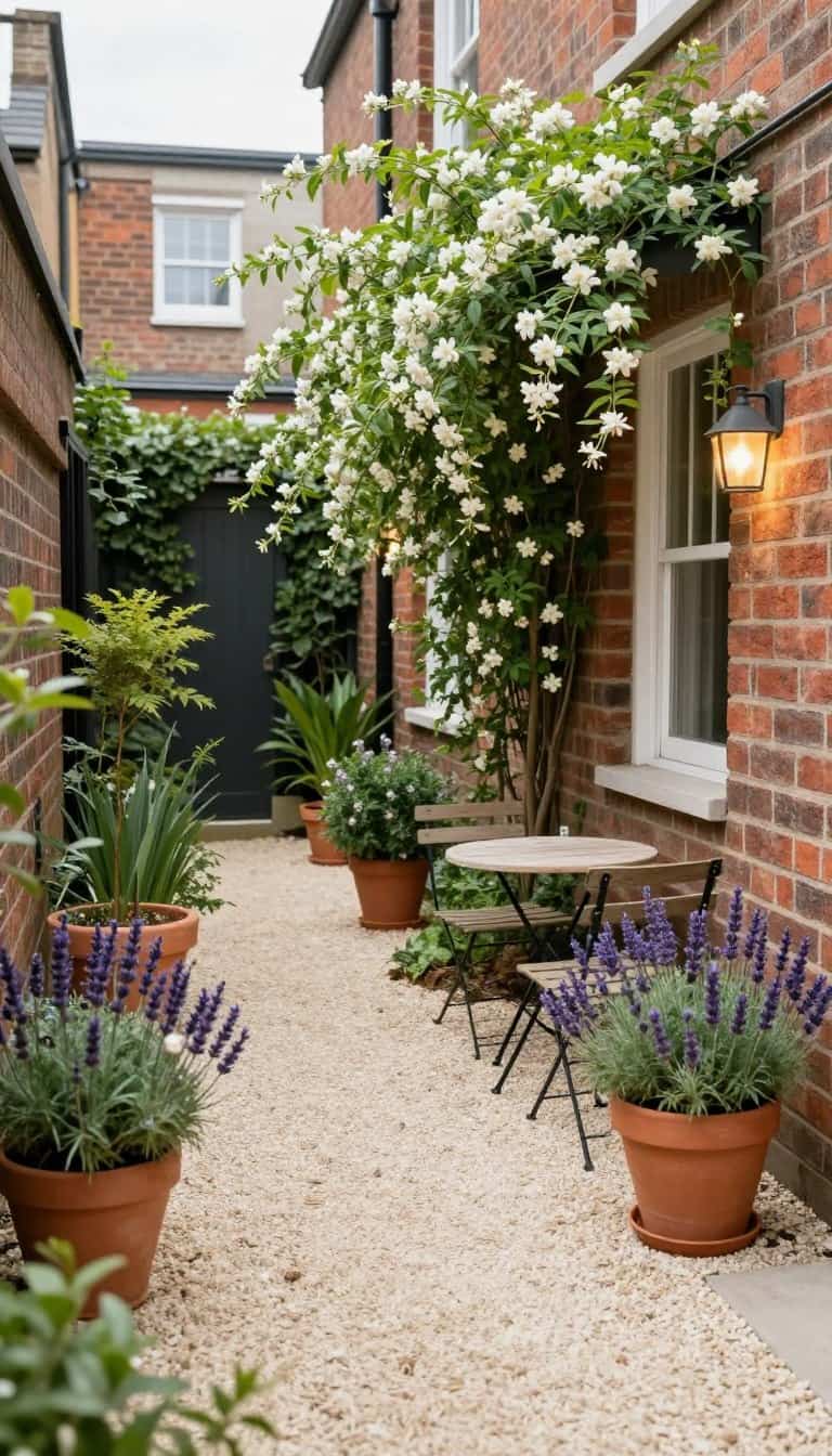 Narrow side return garden with pale gravel, climbing plants, and bistro seating creating a charming urban outdoor space