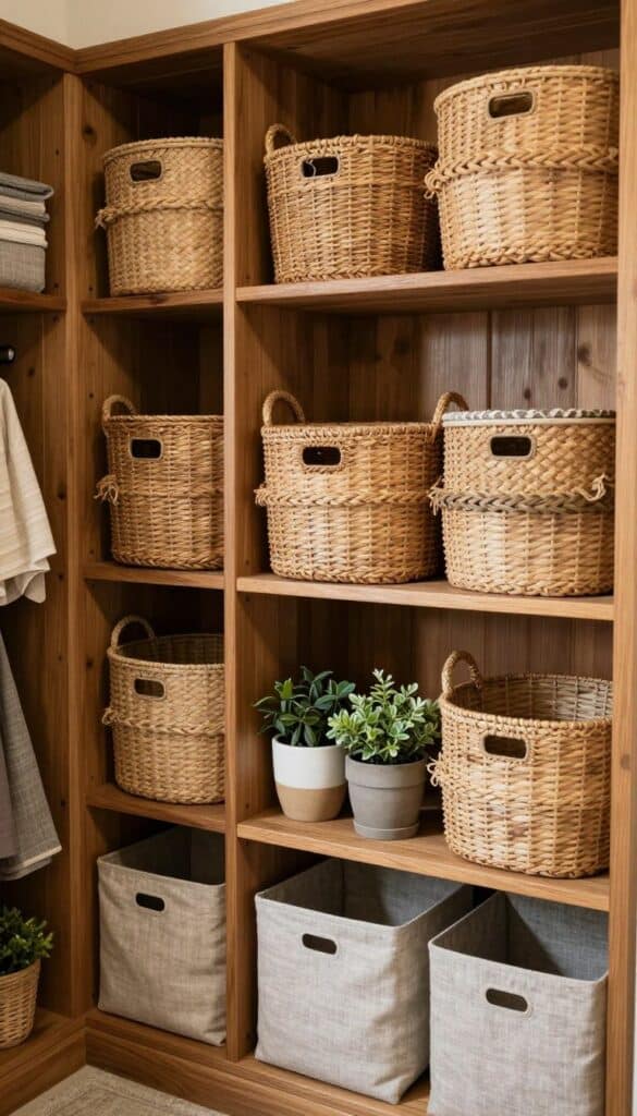Open mudroom shelving with mismatched woven baskets for storage