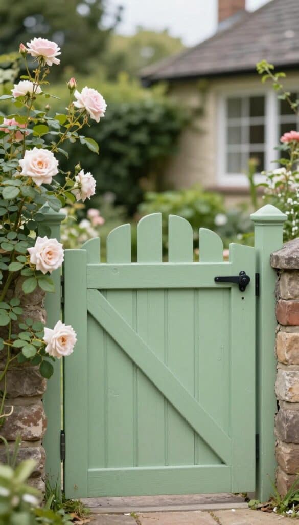 Painted wooden picket fence gate in sage green with climbing roses creating cottage garden entrance Painted wooden picket fence gate in sage green with climbing roses creating cottage garden entrance
