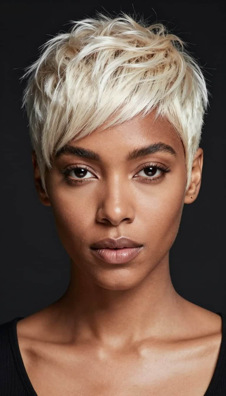 Platinum blonde tapered pixie cut on Black woman with closely cropped sides and bright blonde color