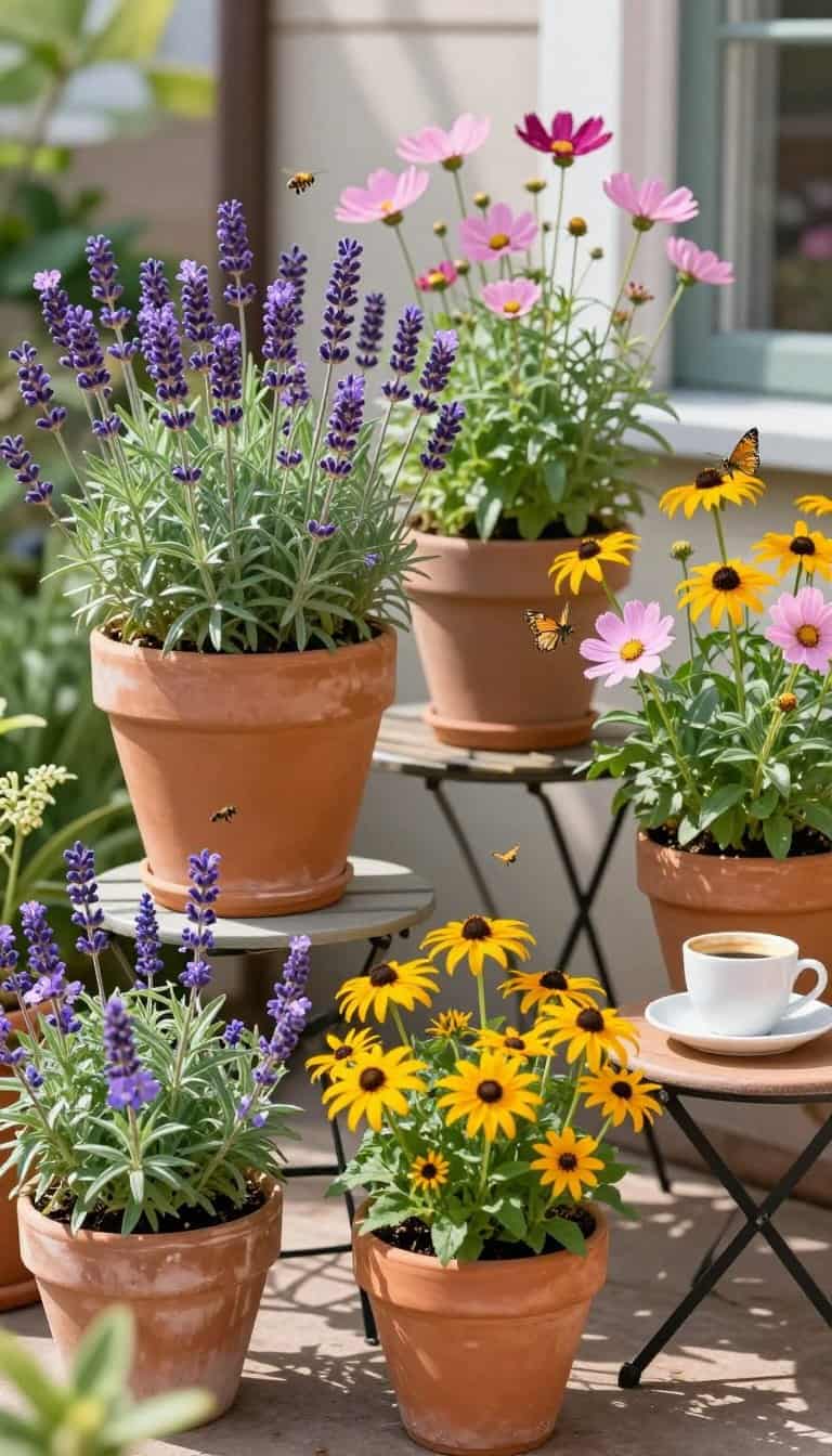 Pollinator-friendly patio garden with colorful containers filled with blooming flowers attracting bees and butterflies
