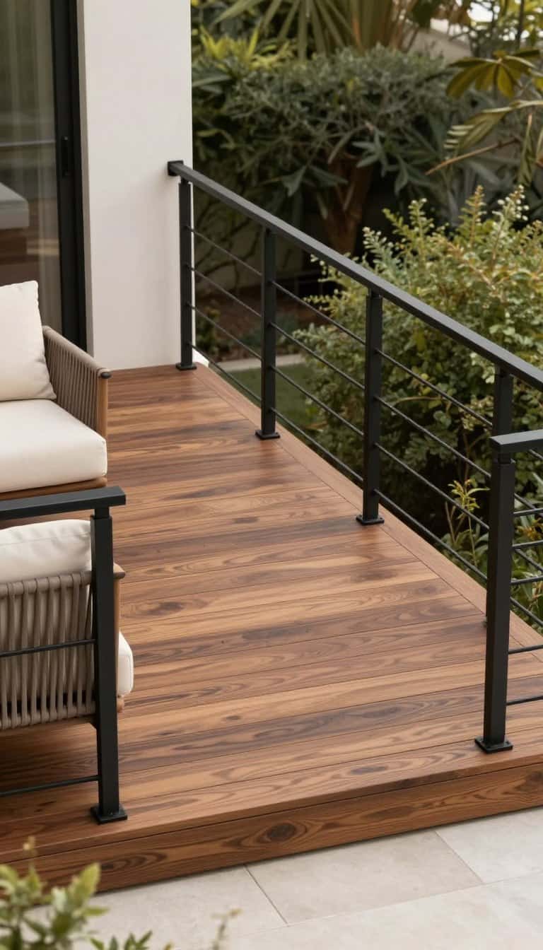 Rich walnut stained deck with black metal railings and modern outdoor furniture
