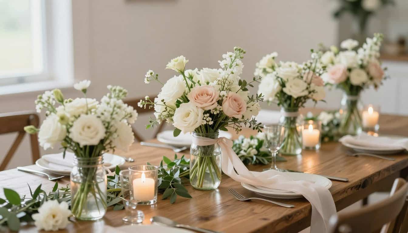 Romantic wedding tablescape featuring elegant mason jar vases filled with soft flowers, flowing ribbons, candlelight and delicate greenery