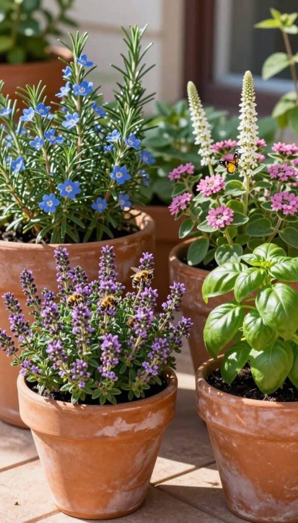 Rustic clay pots filled with flowering herbs including thyme, rosemary, oregano and basil attracting pollinators