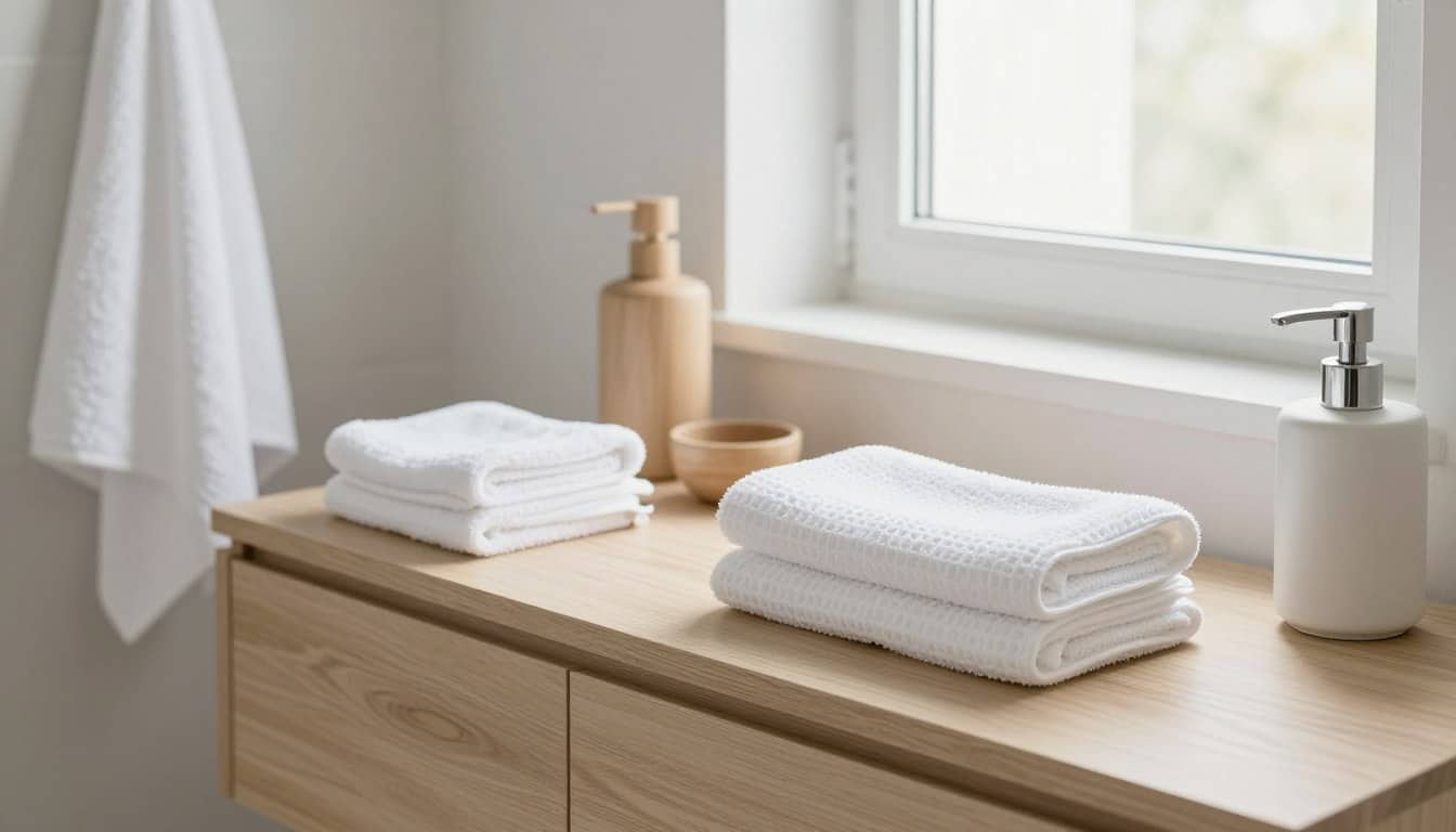 Serene Scandinavian bathroom with natural wood accessories, soft textiles, and minimalist design
