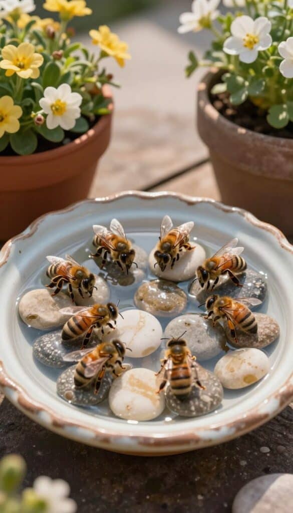 Shallow ceramic dish filled with pebbles and fresh water with bees safely landing to drink