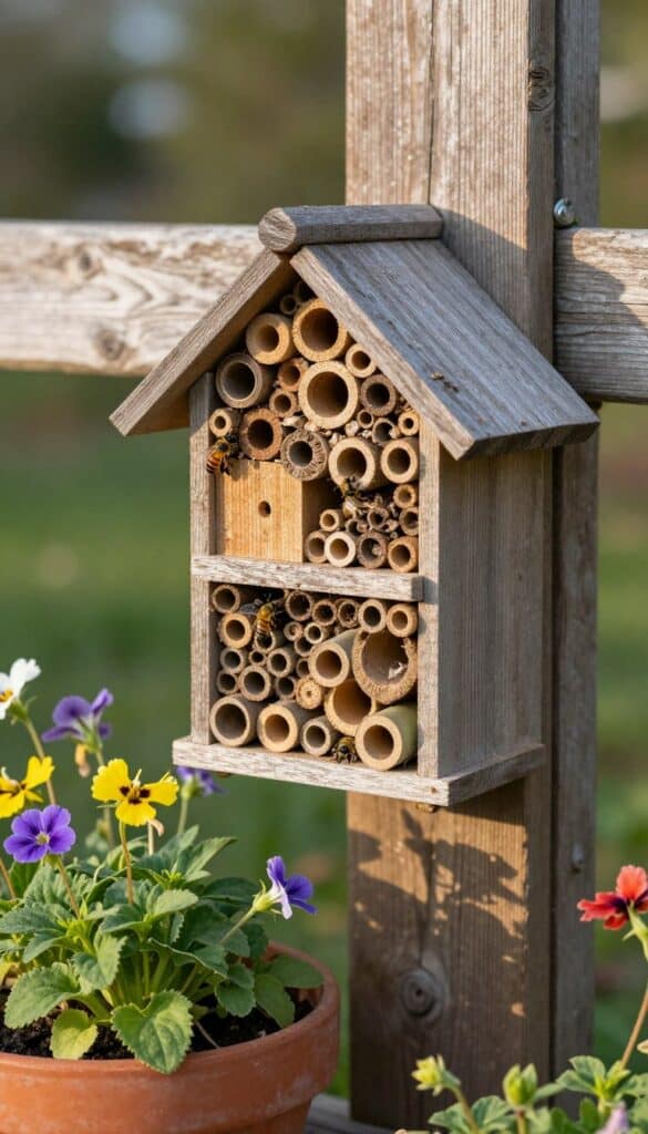 Small bee hotel and natural nesting materials placed near pollinator-friendly container garden