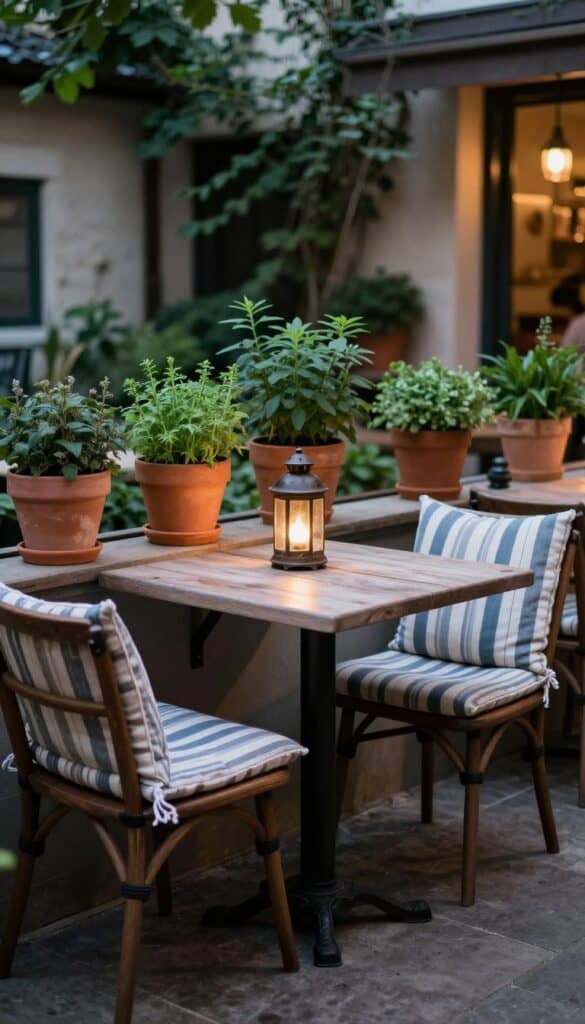 Small bistro table with chairs surrounded by potted herbs and lantern lighting Small bistro table and chairs surrounded by potted herbs and lantern lighting