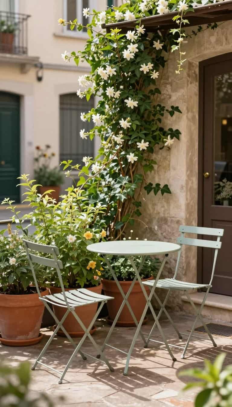 Small metal bistro set with two chairs and round table in courtyard with potted plants