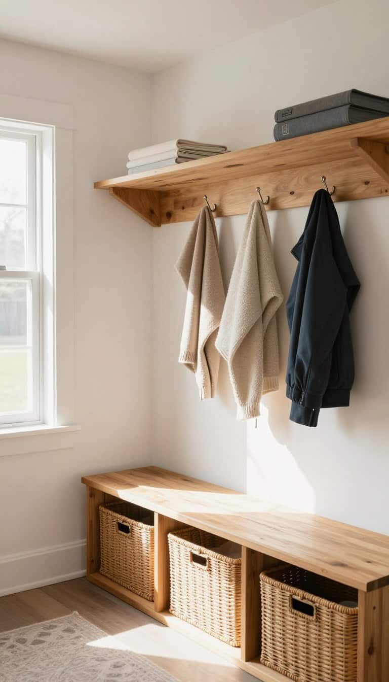 Small mudroom with soft warm white paint and natural wood bench showing how paint ideas transform compact spaces