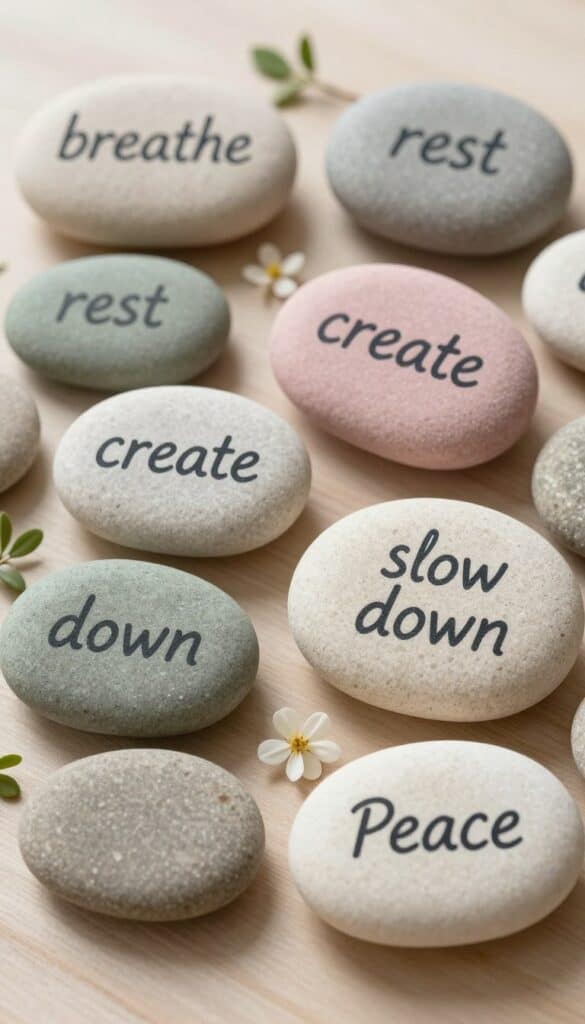 Smooth painted rocks with calming inspirational words like breathe, rest, and create in simple hand lettering on neutral backgrounds
