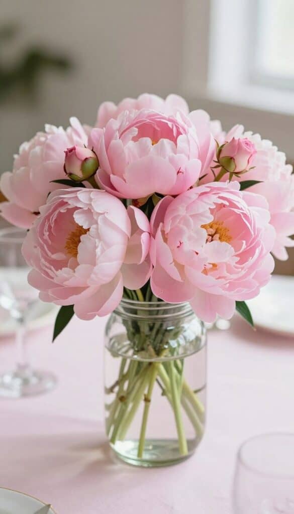 Soft pink peonies arranged in mason jar centerpiece