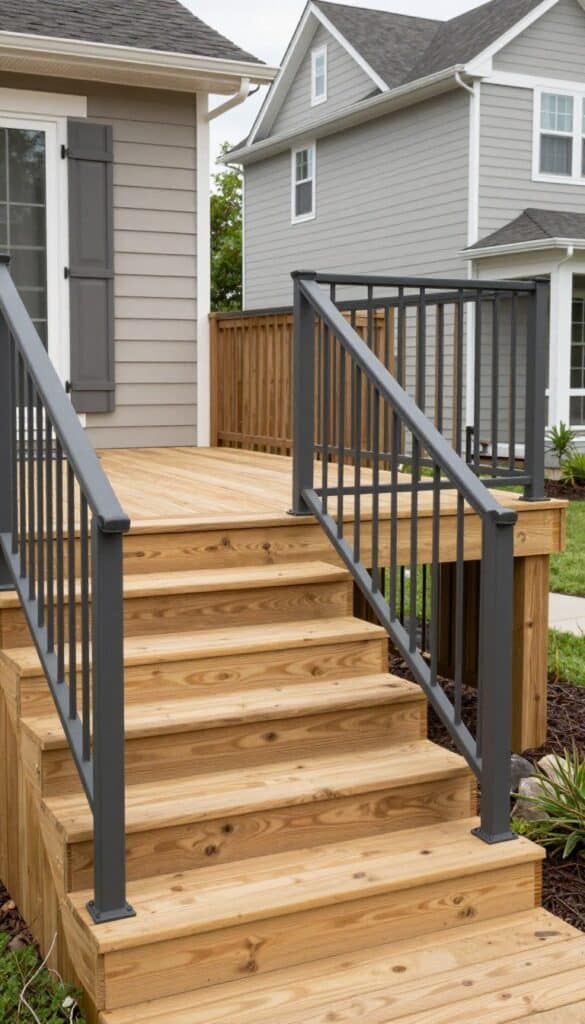 Transitional deck design featuring charcoal gray railings with natural warm cedar decking
