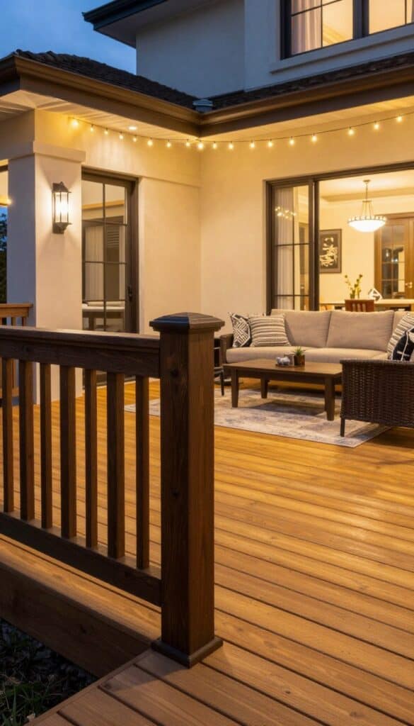 Upscale deck design with deep espresso stained railings and golden honey toned wood flooring