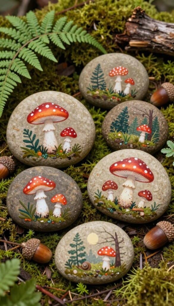 Whimsical woodland themed painted rocks featuring mushrooms, ferns, acorns, and forest creatures in cottagecore style