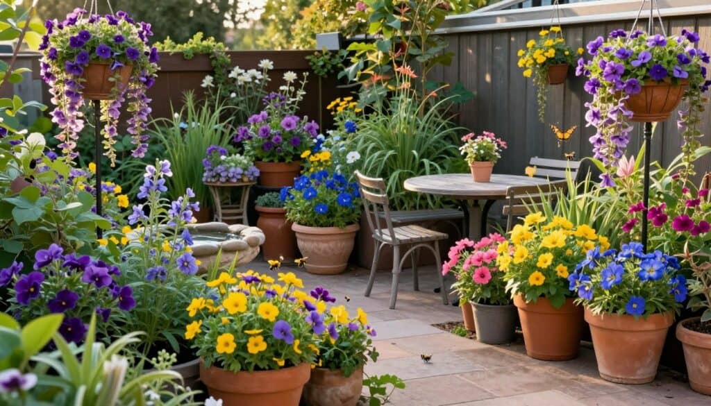 Wide view of complete pollinator-friendly patio garden showing layered containers, seating area, and active pollinators